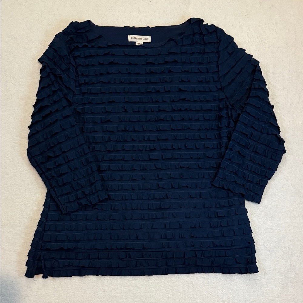 Coldwater Creek Navy Ruffle Long Sleeve Top - Size M